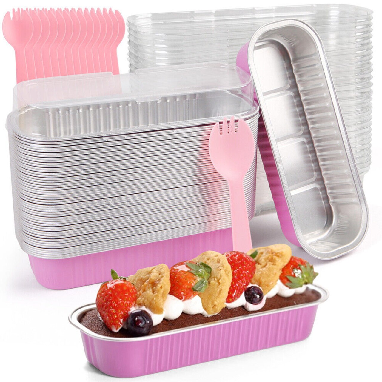 50-pack aluminum foil mini loaf pans with lids for baking muffins and cupcakes.